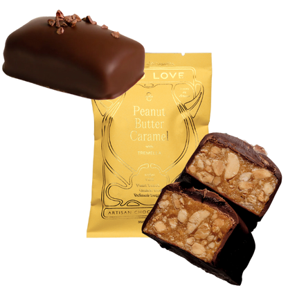 Images shows unwrapped and wrapped (yellow) Loco Love Peanut Butter Caramel Chocolates. Vegan, gluten-free, sustainably sourced and no refined sugars. 
Available LOVINLIFE Co Byron Bay.