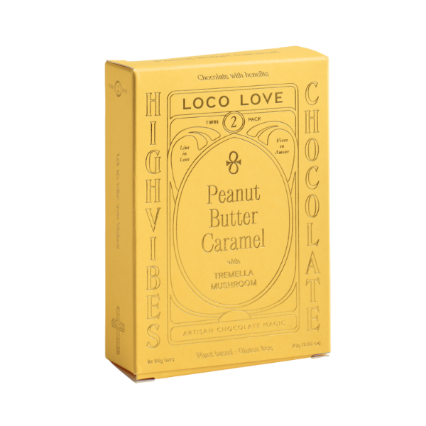 Butter Yellow box of Loco Love chocolate with gold text for Peanut Butter Caramel. Vegan, gluten-free, sustainably sourced and no refined sugars. Each box contains 2 x chocolates.
Available LOVINLIFE Co Byron Bay.