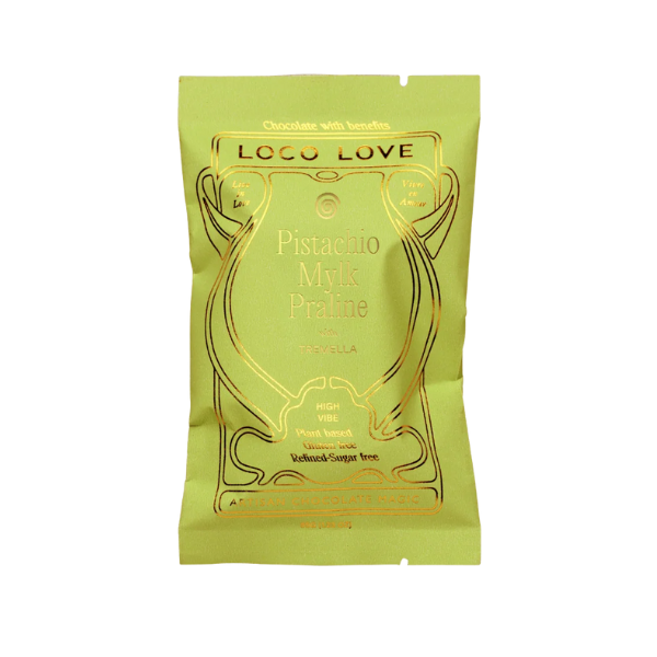 Wrapped (green) Loco Love Pistachio Mylk Praline Chocolates. Vegan, gluten-free, sustainably sourced and no refined sugars. Available LOVINLIFE Co Byron Bay.