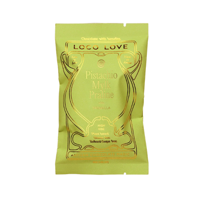 Wrapped (green) Loco Love Pistachio Mylk Praline Chocolates. Vegan, gluten-free, sustainably sourced and no refined sugars. Available LOVINLIFE Co Byron Bay.