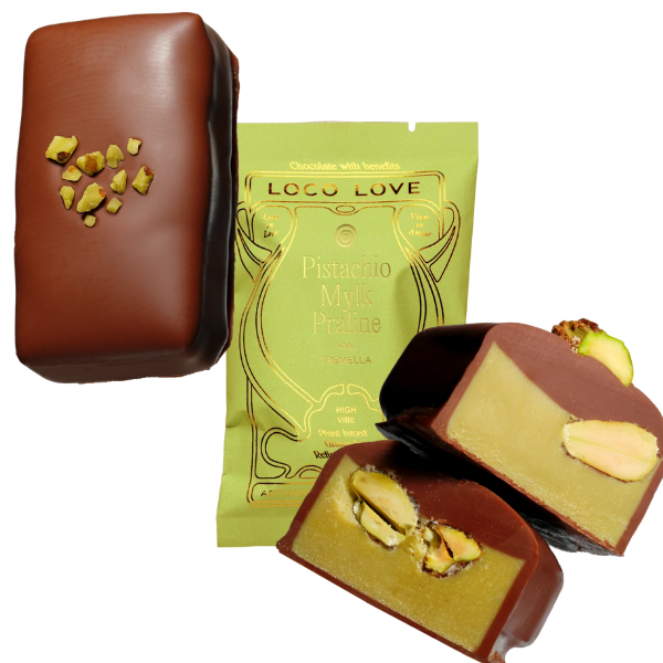 Unwrapped and wrapped (green) Loco Love Pistachio Mylk Praline Chocolates. Vegan, gluten-free, sustainably sourced and no refined sugars. Available LOVINLIFE Co Byron Bay.