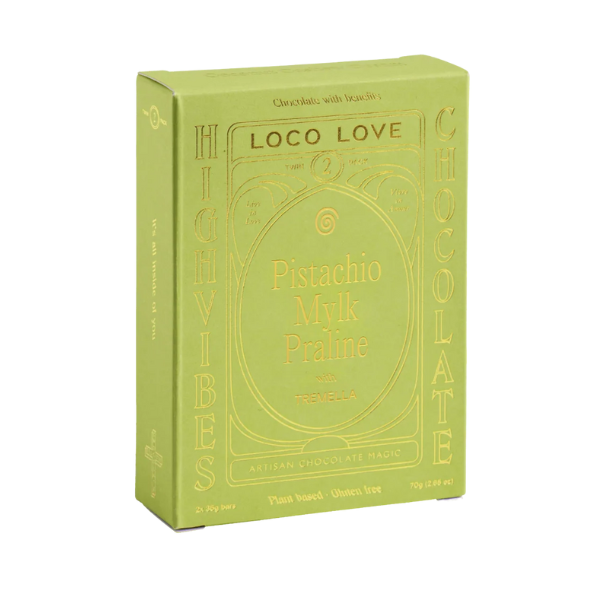 Twin Box of Loco Love 'Pistachio Mylk Praline' Chocolate. Green box and wrapper. Vegan • gluten-free • sustainably sourced • no refined sugar. Available at LOVINLIFE Co Byron bay
