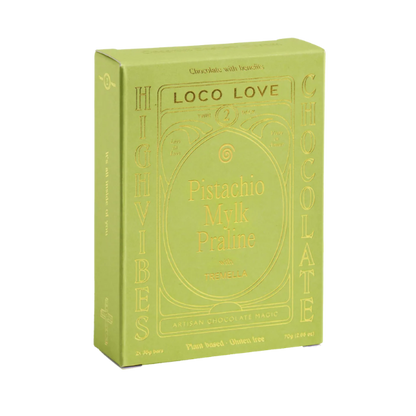 Twin Box of Loco Love 'Pistachio Mylk Praline' Chocolate. Green box and wrapper. Vegan • gluten-free • sustainably sourced • no refined sugar. Available at LOVINLIFE Co Byron bay