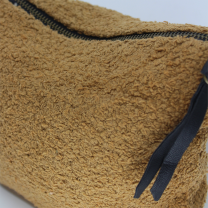 Travel Pouch - The Softee - made from cotton-boucle fabric, available in White, Tabac and Khaki/Olive – Tabac pictured showing close up of fabric and zipper - Stocked at LOVINLIFE Co Byron Bay for all your gifts, candles, homewares and interior decorating needs