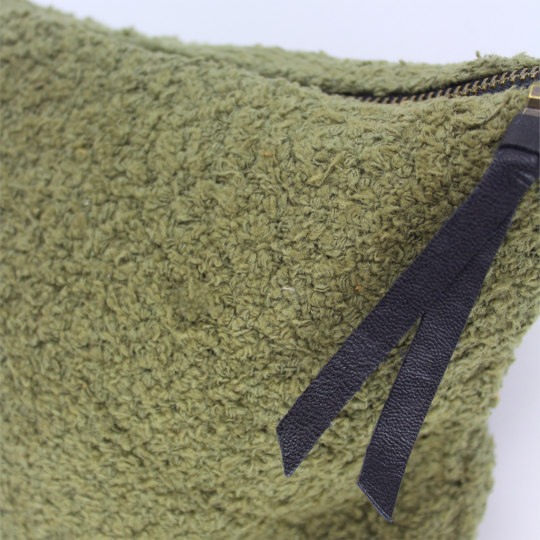 Travel Pouch - The Softee - made from cotton-boucle fabric, available in White, Tabac and Khaki/Olive – Kahki/Olive pictured showing close up of fabric and zipper - Stocked at LOVINLIFE Co Byron Bay for all your gifts, candles, homewares and interior decorating needs