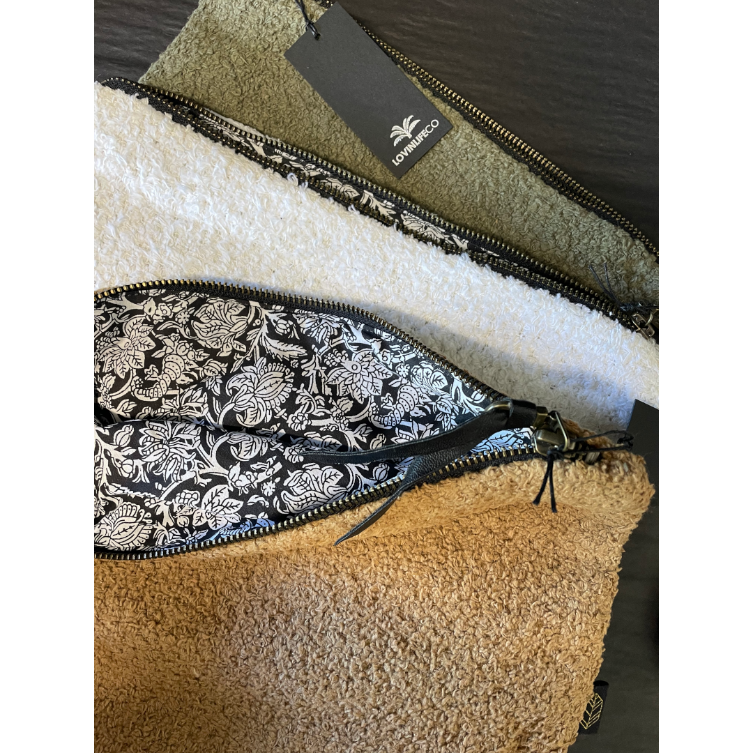Travel Pouch - The Softee - made from cotton-boucle fabric, available in White, Tabac and Khaki/Olive – Pictured showing lining - Stocked at LOVINLIFE Co Byron Bay for all your gifts, candles, homewares and interior decorating needs