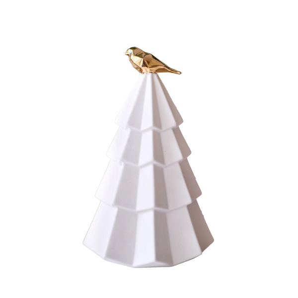 White  ceramic Christmas tree decoration with a gold bird on top against a white background. Part of the Robert Gordon Collection stocked at LOVINLIFE Co Byron Bay for all your gifts, candles, homewares and interior decorating needs