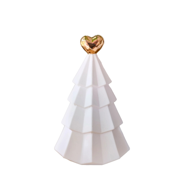 White ceramic Christmas tree with a gold heart-shaped top on a white background. Part of the Robert Gordon Collection stocked at LOVINLIFE Co Byron Bay for all your gifts, candles, homewares and interior decorating needs