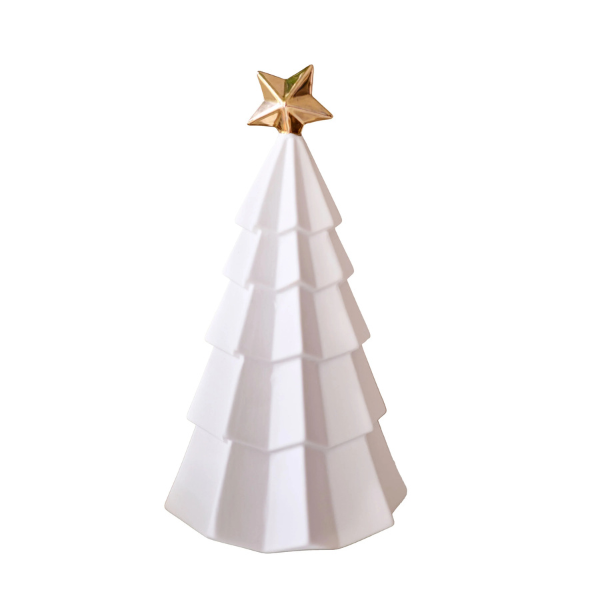 White ceramic Christmas tree with a gold star on a white background. Part of the Robert Gordon Collection stocked at LOVINLIFE Co Byron Bay for all your gifts, candles, homewares and interior decorating needs