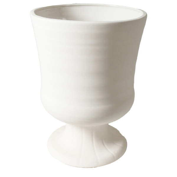 White ceramic footed cup on a white background. Vase Vintage Trophy Life - Devon. Part of the Robert Gordon Collection stocked at LOVINLIFE Co Byron Bay for all your gifts, candles, homewares and interior decorating needs