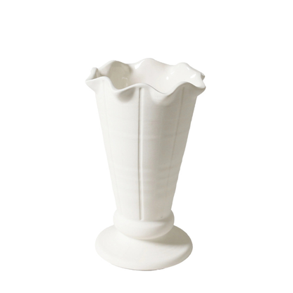 White ceramic vase with ruffled top on a white background. Vase Vintage Trophy Life - Violet. Part of the Robert Gordon Collection stocked at LOVINLIFE Co Byron Bay for all your gifts, candles, homewares and interior decorating needs