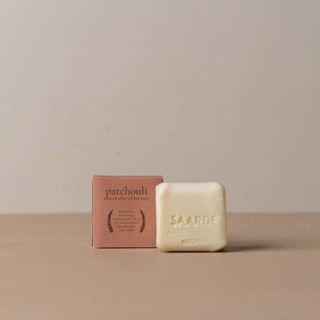 Lovinlife Co ByronBay – Saarde Patchouli Olive Oil Bar Soap – Patchouli scent – soap bar pictured next to box - available at LOVINLIFE Co Byron Bay for all your gifts, candles and interior decorating needs