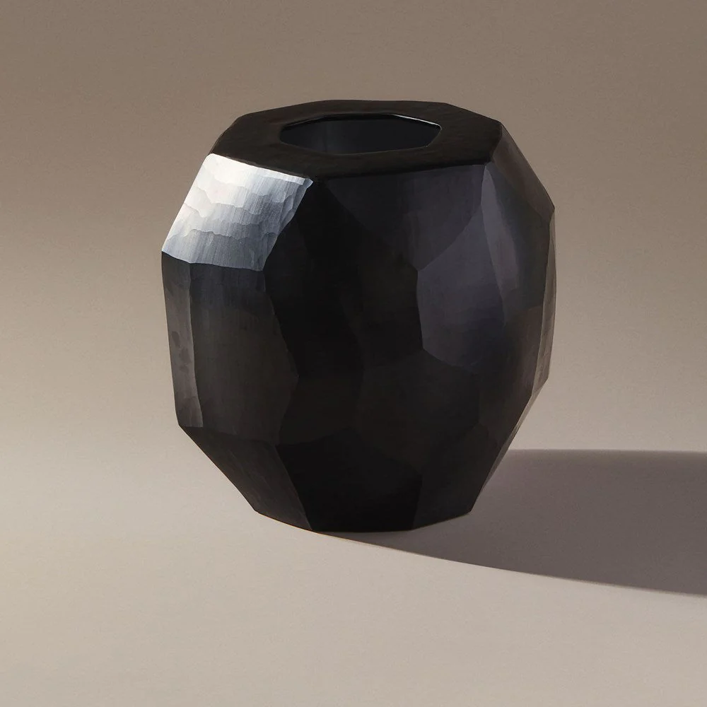 Indigo Love Sculpt Black Vase - Large - high-quality opaque black glass with polygon shapes and geometric design - art that doubles as a functional vase or candle/tealight lantern - Stocked at LOVINLIFE Co Byron Bay for all your gifts, candles and interior decorating needs