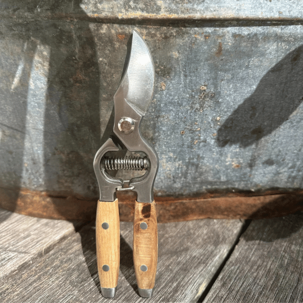 Garden secateurs pictured standing on a wood deck next to a ceramic pot, made with drop-forged stainless steel blades and beautifully finished FSC-certified ash wood handles - Available at LOVINLIFE Co Byron Bay