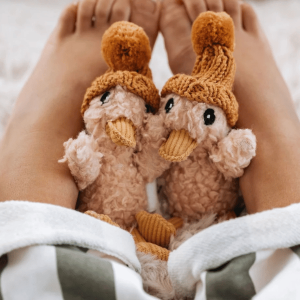 2 x Soft Toy Ducks made from a unique cotton plush fabric with caramel corduroy accents and Australian merino wool knitted beanie - Duck Petunia MINI - Available at LOVINLIFE Co Byron Bay