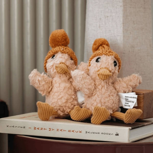 2 x Soft Toy Ducks, resting on top of a book, made from a unique cotton plush fabric with caramel corduroy accents and Australian merino wool knitted beanie - Duck Petunia MINI - Available at LOVINLIFE Co Byron Bay