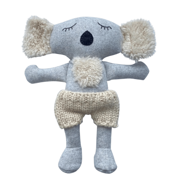Soft Toy Koala called Bernard, made from beautifully soft wool-blend fabric with the cosiest cream knitted pants in Australian merino wool - Available at LOVINLIFE Co Byron Bay