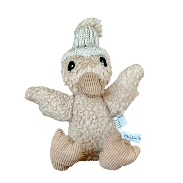 Soft Toy Duck made from a unique cotton plush fabric with caramel corduroy accents and Australian merino wool knitted beanie - Duck Edmond - Available at LOVINLIFE Co Byron Bay