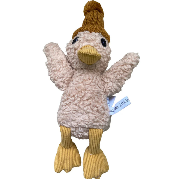 Soft Toy Duck made from a unique cotton plush fabric with caramel corduroy accents and Australian merino wool knitted beanie - Duck Petunia - Available at LOVINLIFE Co Byron Bay