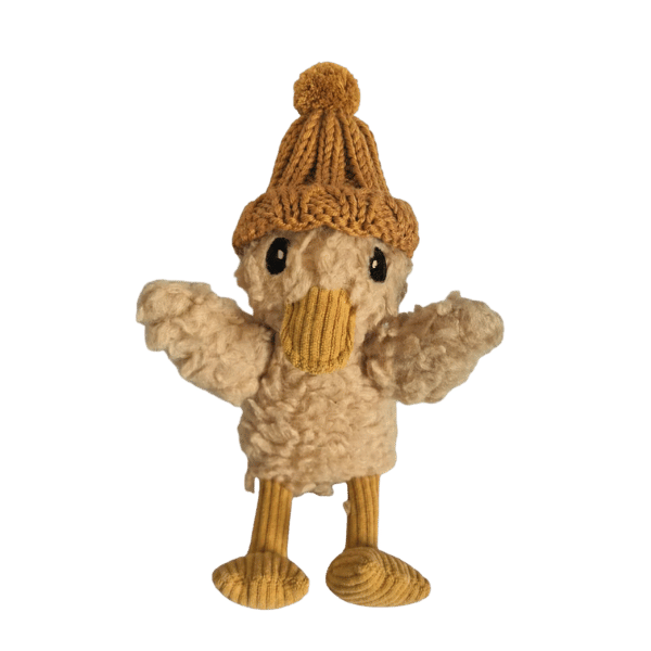 Soft Toy Duck made from a unique cotton plush fabric with caramel corduroy accents and Australian merino wool knitted beanie - Duck Petunia MINI - Available at LOVINLIFE Co Byron Bay