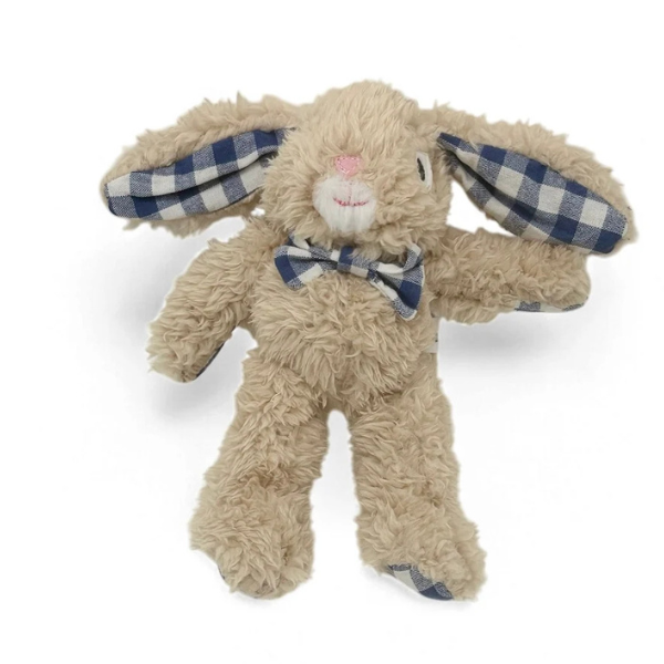 Soft Toy Rabbit is made from a unique Vanilla cotton plush fabric with dapper blue gingham bow tie - Rabbit Louis - Available at LOVINLIFE Co Byron Bay