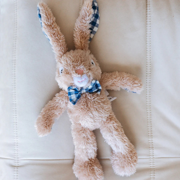 Soft Toy Rabbit is made from a unique Vanilla cotton plush fabric with dapper blue gingham bow tie - Rabbit Louis - Available at LOVINLIFE Co Byron Bay