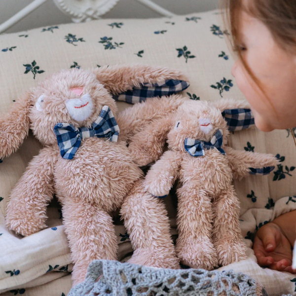 Two Soft Toy Rabbits, large and small, made from a unique Vanilla cotton plush fabric with dapper blue gingham bow tie - Rabbit Louis - Available at LOVINLIFE Co Byron Bay