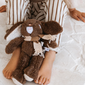 Child’s Soft Toy Rabbit made from a unique Chocolate Brown cotton plush fabric with an Australian merino wool knitted scarf - Rabbit Frankie - Available at LOVINLIFE Co Byron Bay