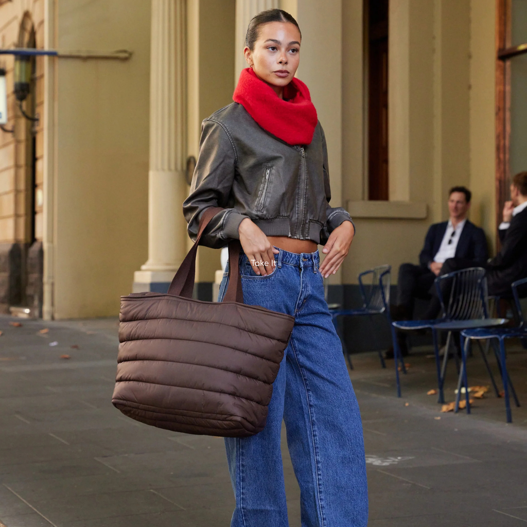 Take it Base Bag - A large soft-as-a-cloud shoulder bag for days on the go or weekends away - Chocolate bag pictured being carried on forearm - Stocked at LOVINLIFE Co Byron Bay for all your gifts, candles and interior decorating needs