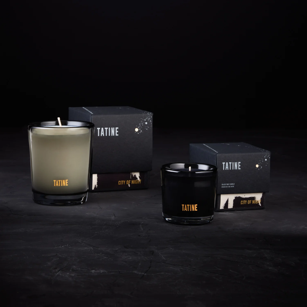 Tatine City of Night Candle - seductive dark hinoki oil, charred vetiver, cypress and fir needle - Natural Wax Candles in Smoke Grey Mouth Blown Glassware, pictured with boxes - Stocked at LOVINLIFE Co Byron Bay for all your gifts, candles and interior decorating needs