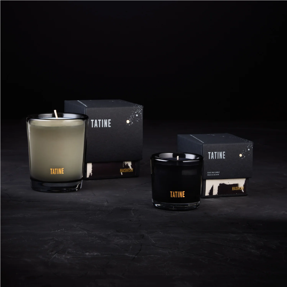 Tatine Hashish Candle - A scented tribute inspired by The Beatles' late-night recording sessions - Natural Wax Candles in Smoke Grey Mouth Blown Glassware, pictured with boxes - Stocked at LOVINLIFE Co Byron Bay for all your gifts, candles and interior decorating needs
