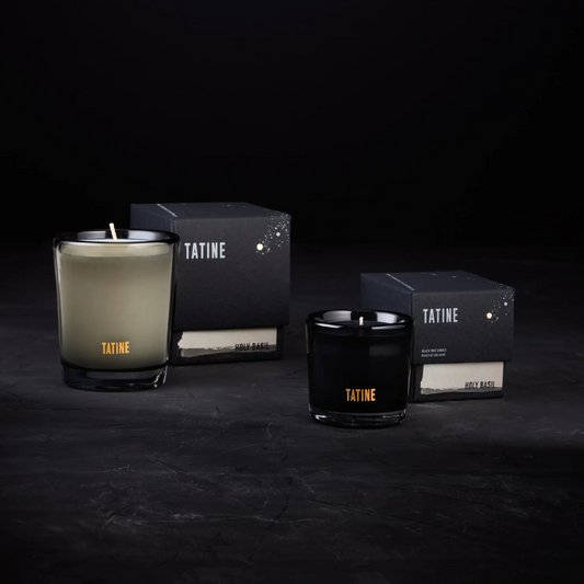 Tatine Holy Basil Candle - Dark green herbal notes blended with wild meadow grasses, cannabis, and sacred basil - Natural Wax Candle in Smoke Grey Mouth Blown Glassware, pictured with box - Stocked at LOVINLIFE Co Byron Bay for all your gifts, candles and interior decorating needs