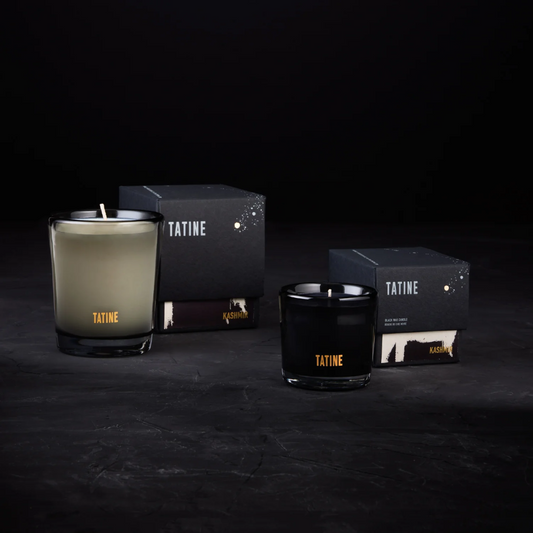 Tatine Kashmir Candle - unisex blend of ethically harvested sandalwood oil, white incense, and dry woody amber oil - Natural Wax Candles in Smoke Grey Mouth Blown Glassware, pictured with boxes - Stocked at LOVINLIFE Co Byron Bay for all your gifts, candles and interior decorating needs
