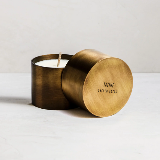 Tatine Sacred Lotus Candle - soft and creamy flower petal aromas - made with sustainably sourced ssentials, absolutes, and plant based extracts in handmade brass cup - Stocked at LOVINLIFE Co Byron Bay for all your gifts, candles and interior decorating needs