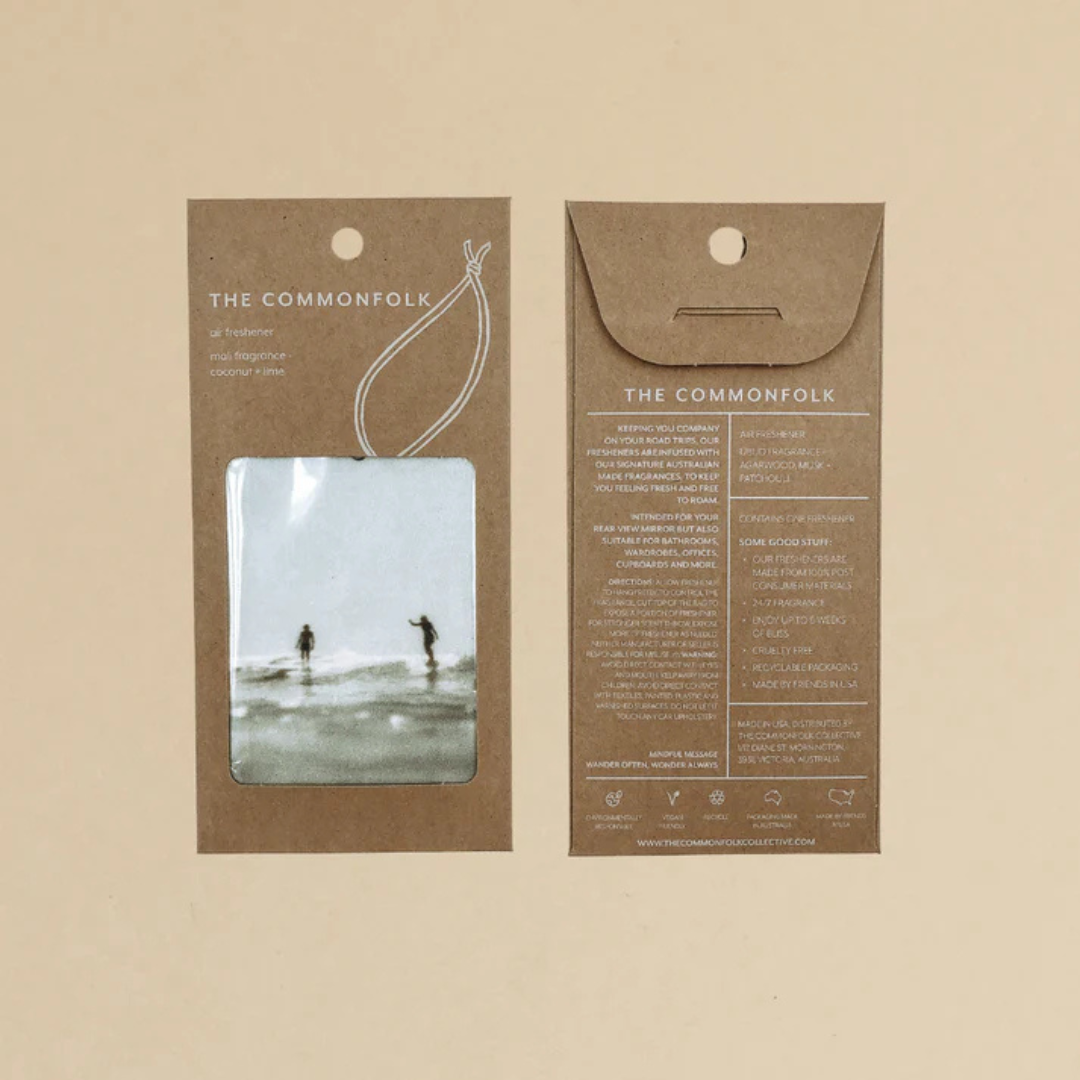 Summer design Air Freshener tags - Made from 100% post-consumer materials - Mali scent Blends coconut and lime sublime, take me for cocktails on the beach, with a summer breeze and palm trees - Party Wave tag pictured in packaging, front and back - Stocked at LOVINLIFE Co Byron Bay for all your gifts, candles and interior decorating needs