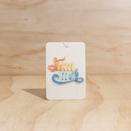 Summer design Air Freshener tags - Made from 100% post-consumer materials - Mali scent Blends coconut and lime sublime, take me for cocktails on the beach, with a summer breeze and palm trees - Summer tag pictured - Stocked at LOVINLIFE Co Byron Bay for all your gifts, candles and interior decorating needs