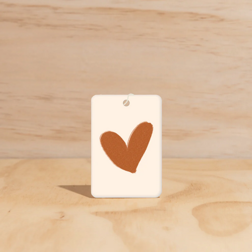 Warm Heart design Air Freshener tags - Made from 100% post-consumer materials - Ubud scent Elevate your spiritual side with the woodiness of Agarwood, and dreaminess of Musk and Patchouli, then be taken to the tranquil terraces of the Ubud hinterland - Stocked at LOVINLIFE Co Byron Bay for all your gifts, candles and interior decorating needs