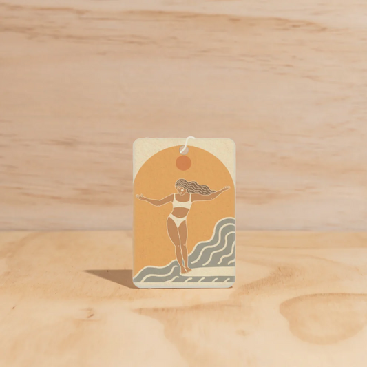 Wave Chaser Surfing design Air Freshener tags - Made from 100% post-consumer materials - Ubud scent Elevate your spiritual side with the woodiness of Agarwood, and dreaminess of Musk and Patchouli, then be taken to the tranquil terraces of the Ubud hinterland - Stocked at LOVINLIFE Co Byron Bay for all your gifts, candles and interior decorating needs
