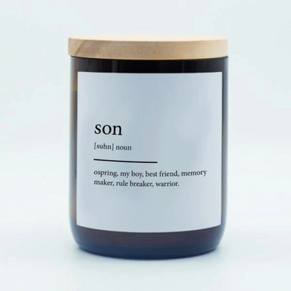 Commonfolk Dictionary Meaning Candle Range - Son - India scent with teakwood + tobacco - jar pictured with lid on against a light background - Stocked at LOVINLIFE Co Byron Bay for all your gifts, candles and interior decorating needs