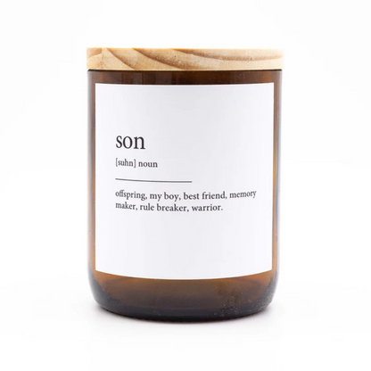 Commonfolk Dictionary Meaning Candle Range - Son - India scent with teakwood + tobacco - jar pictured with lid on against a white background - Stocked at LOVINLIFE Co Byron Bay for all your gifts, candles and interior decorating needs