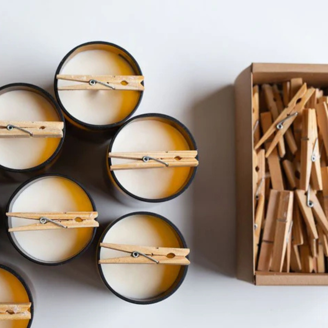 Commonfolk Candle Range - jars pictured from above showing pegs holding up the wicks on freshly poured candles - Stocked at LOVINLIFE Co Byron Bay for all your gifts, candles and interior decorating needs