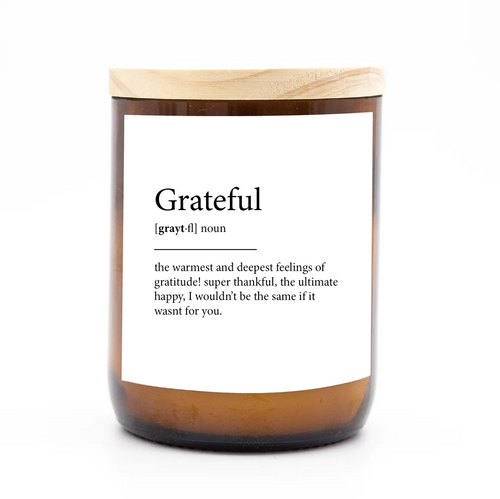 The Commonfolk Dictionary Meaning Candle - Grateful - in reusable amber glass jar with wooden lid - Stocked at LOVINLIFE Co Byron Bay for all your gifts, candles and interior decorating needs
