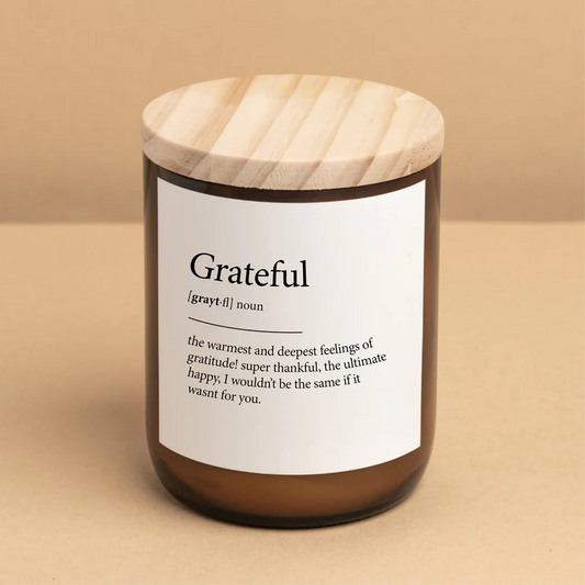 The Commonfolk Dictionary Meaning Candle - Grateful - in reusable amber glass jar with wooden lid - Stocked at LOVINLIFE Co Byron Bay for all your gifts, candles and interior decorating needs