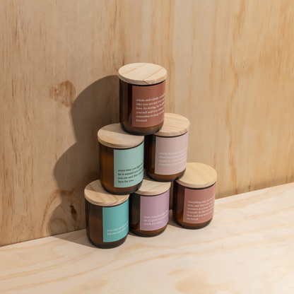 The Commonfolk Heart felt Quote Candle collection - candles stacked in pyramid - candles made in reusable glass jar with wood lid - Stocked at LOVINLIFE Co Byron Bay for all your gifts, candles and interior decorating needs
