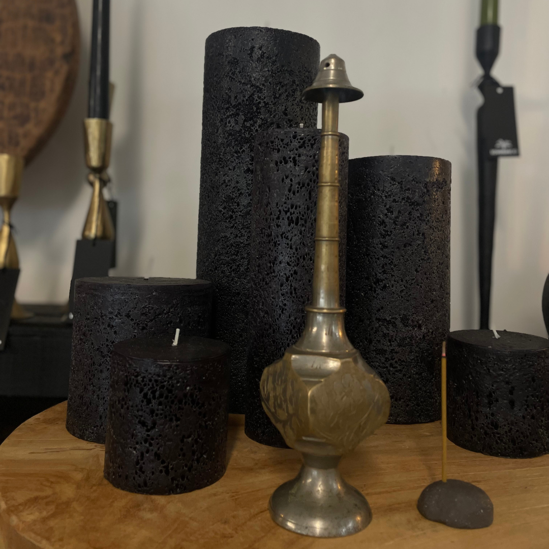 Vintage Indian Perfume Bottle, irregular shape face bottle, in front of Textured Black Pillar Candles - on display at LOVINLIFE Co Byron Bay for all your gifts, candles and interior decorating needs