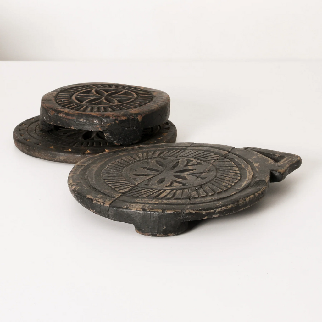 Indigo Love Vintage Indian Wood Chapati Plates - side view - Hand carved from teak wood - unique candle display stands, plates or trays - Stocked at LOVINLIFE Co Byron Bay for all your gifts, candles and interior decorating needs