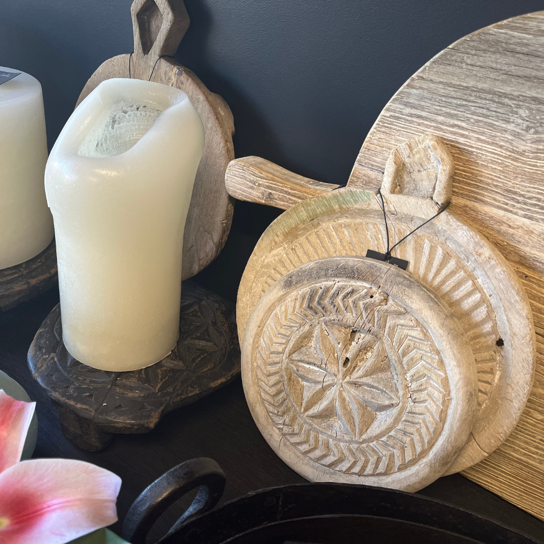 Vintage Carved Stone Plate - pictured in store standing upright against wood chopping board amongst candles and other home decor - Tabletop Candle Holders Stocked at LOVINLIFE Co Byron Bay for all your gifts, candles and interior decorating needs