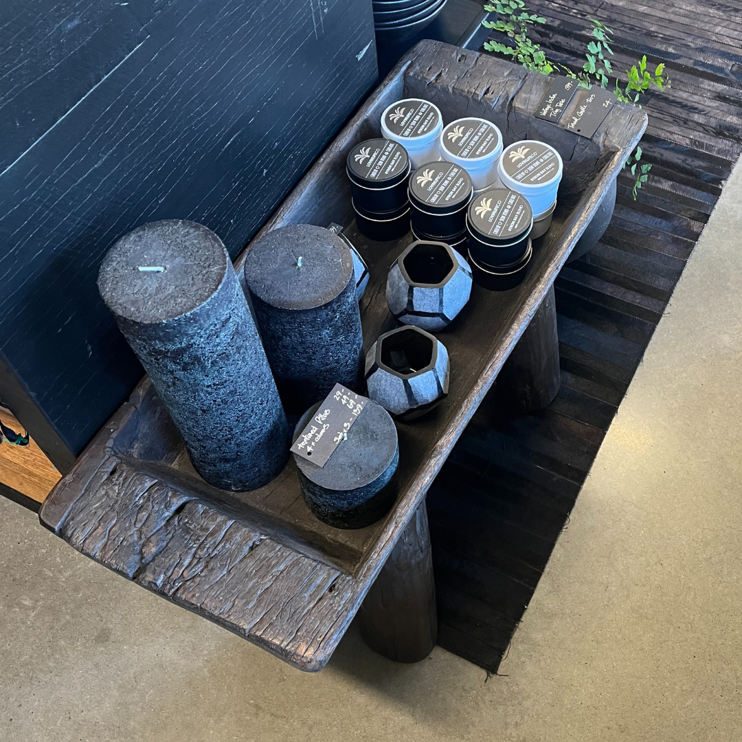 Indigo Love Vintage Indian Tray on Stand - Crafted from reclaimed wood - Indian Storage Tray on legs - display stand or tray - on display holding candles and lanterns in shop - Stocked at LOVINLIFE Co Byron Bay for all your gifts, candles and interior decorating needs