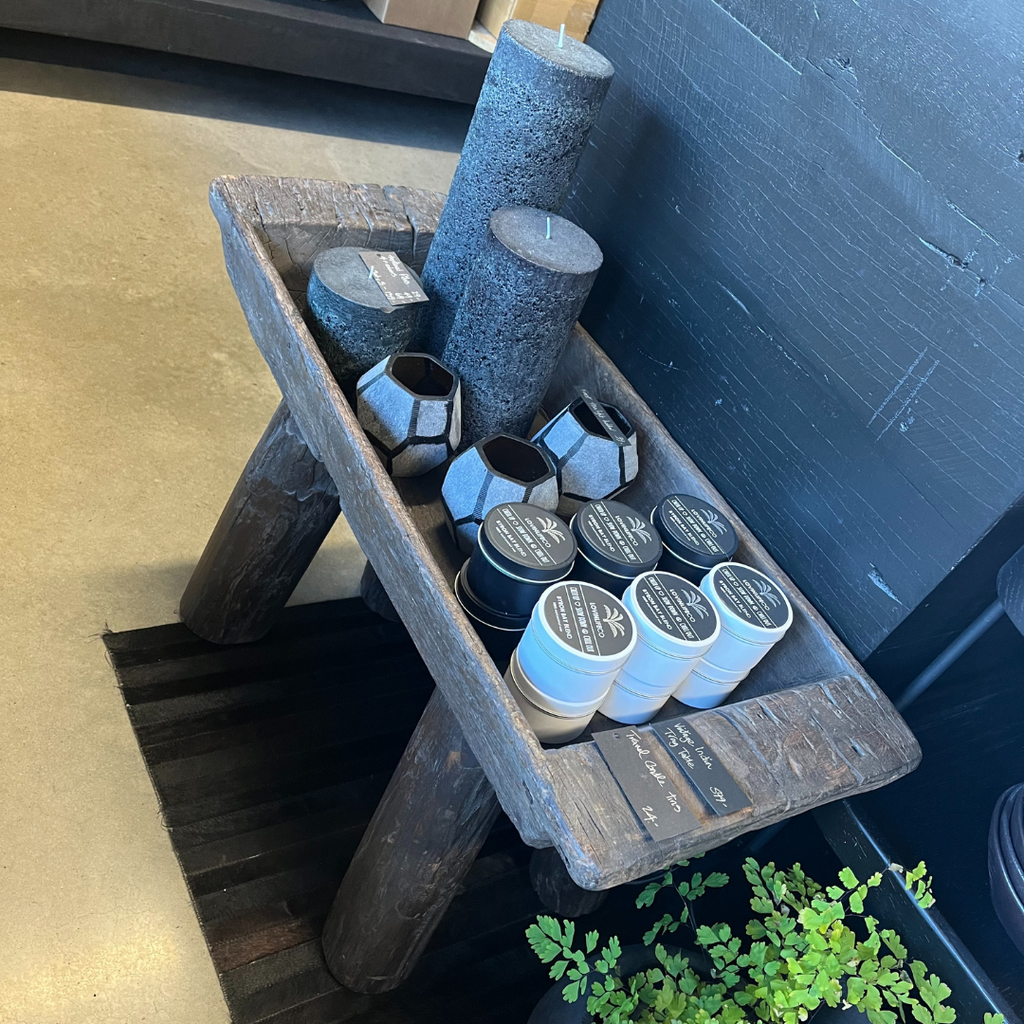 Indigo Love Vintage Indian Tray on Stand - Crafted from reclaimed wood - Indian Storage Tray on legs - display stand or tray - on display holding candles and lanterns in shop - Stocked at LOVINLIFE Co Byron Bay for all your gifts, candles and interior decorating needs