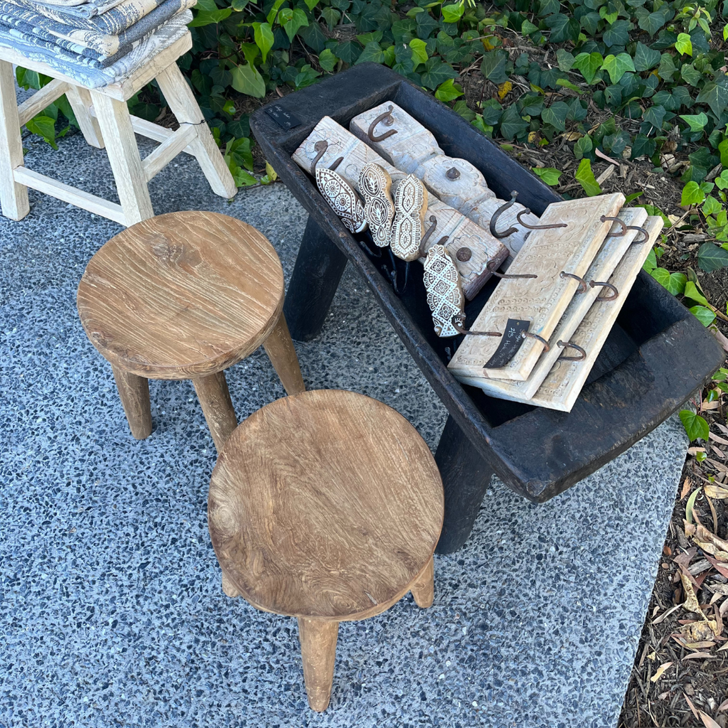 Indigo Love Vintage Indian Tray on Stand - Crafted from reclaimed wood - Indian Storage Tray on legs - display stand or tray - great to hold towels in a bathroom or food or drinks outside - on display holding wooden trinkets and hooks in shop - Stocked at LOVINLIFE Co Byron Bay for all your gifts, candles and interior decorating needs